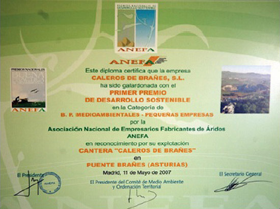 Certificado acreditativo del Premio de Desarrollo Sostenible 2007